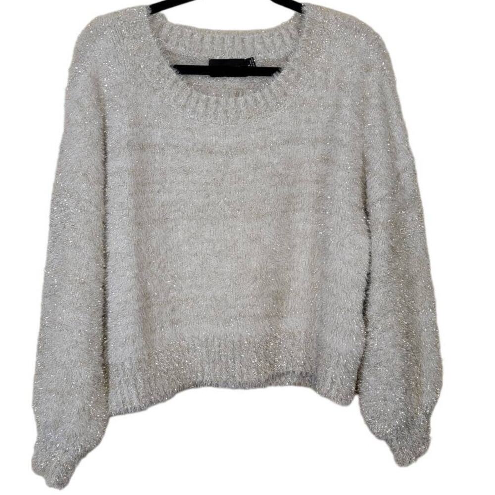 Minkpink Women's Metallic Sweater Ribbed Neck Balloon Sleeve Pullover SZ XS